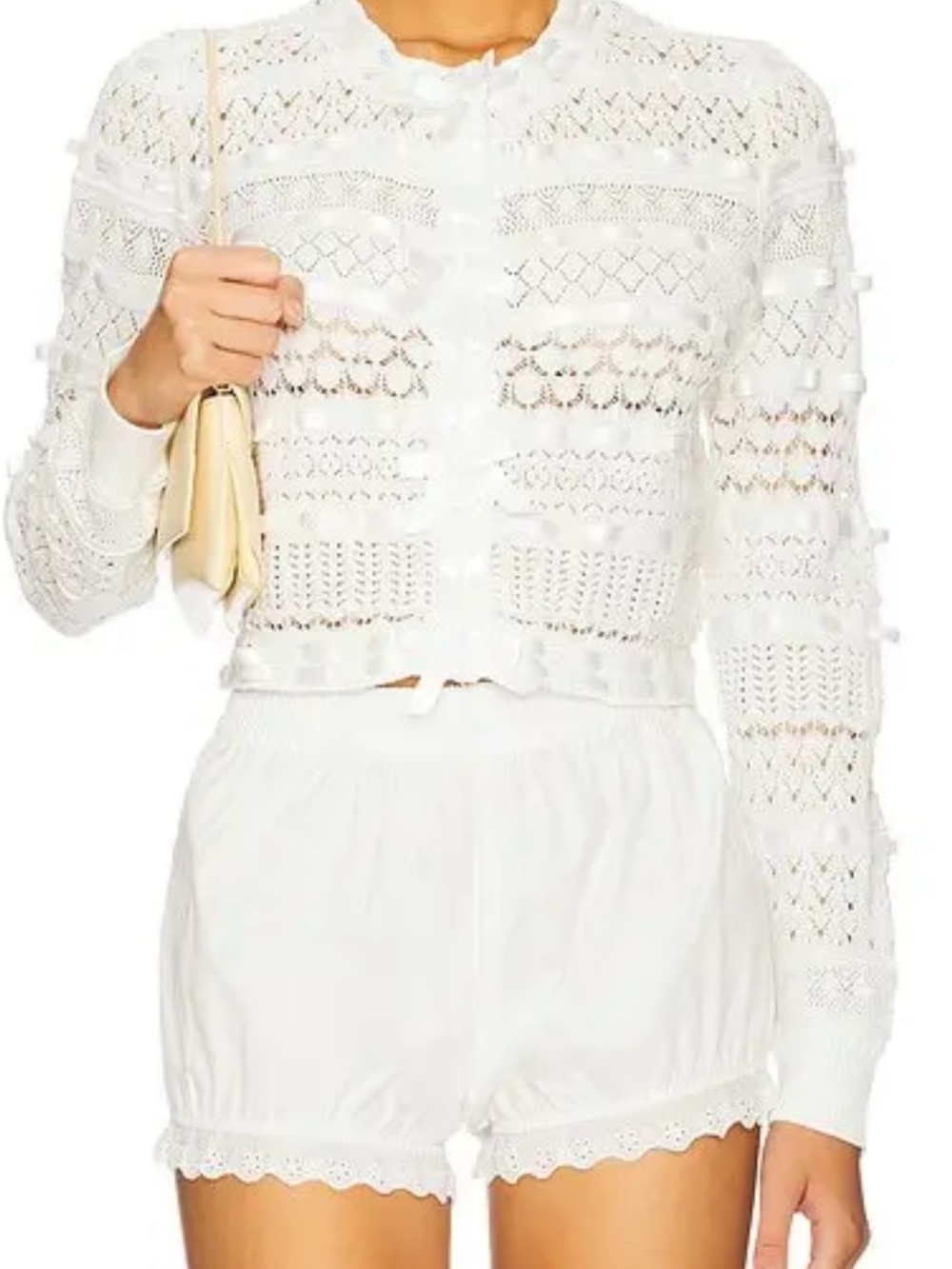 LoveShackFancy Ivory Lace Knit Top with Satin Bows Roselline cardigan Xs